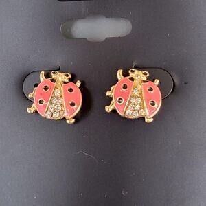 Gold-Tone Ladybug Stud Earrings Pink Enamel Rhinestones 0.47" New on Card